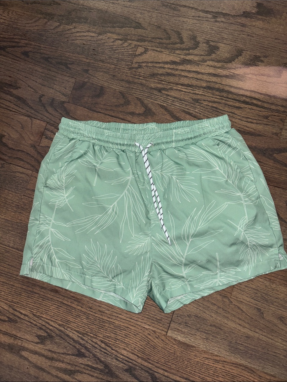 Men's Sage Green Leaf Print Swim Trunks - Picture 11 of 11